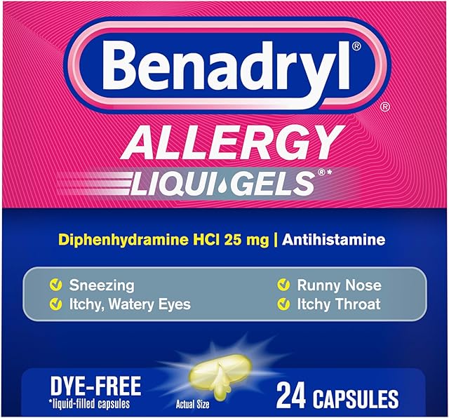 Benadryl Liqui-Gels Allergy Medicine, Dye-Free Liquid Gel Capsules with 25 mg of Diphenhydramine HCl Antihistamine for Relief of Allergy & Cold Symptoms Like Runny Nose & Sneezing, 24 ct