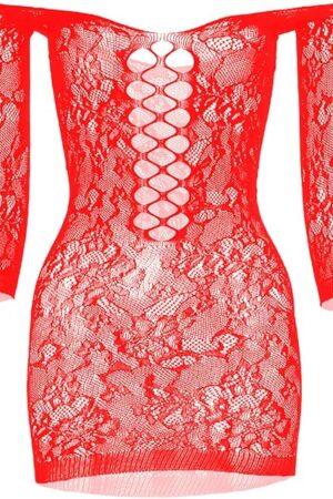 Women's Mini Fishnet Lingerie Dress Sexy Off The Shoulder Sleepwear Chemise Stretchy Bodysuit,One Size