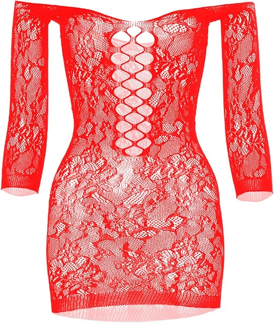 Women's Mini Fishnet Lingerie Dress Sexy Off The Shoulder Sleepwear Chemise Stretchy Bodysuit,One Size