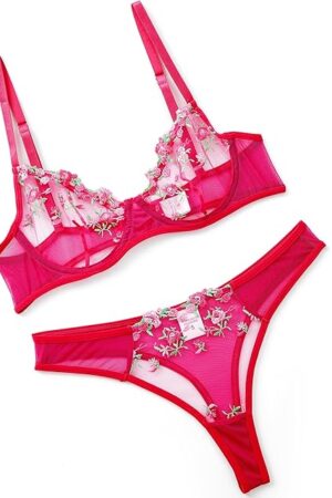 Vorixia Bra and Panty Set for Women Sexy Underwear Lingerie Cute Exotic Foral Embroidery Sheer G-String Thongs Babydoll