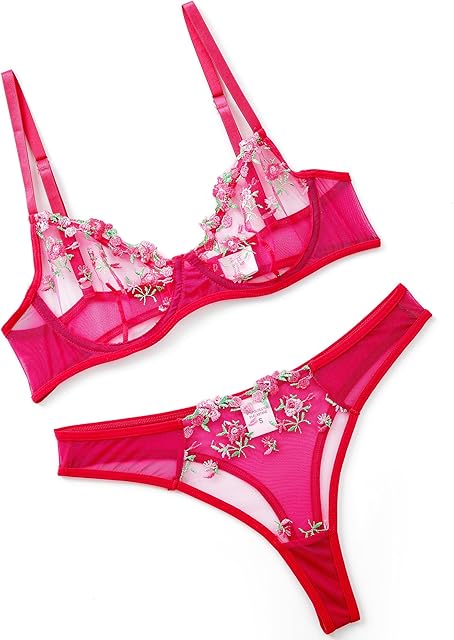 Vorixia Bra and Panty Set for Women Sexy Underwear Lingerie Cute Exotic Foral Embroidery Sheer G-String Thongs Babydoll