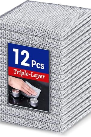 12 PCS New Upgrade 3-Layer Non-Scratch Multipurpose Steel Wire Dishcloths - Reusable Quick-Dry Odor-Free Scrub Cloths for Dishes, Kitchen Cleaning Cloths for Cookware, Sinks, Stove Tops 787? x 787?