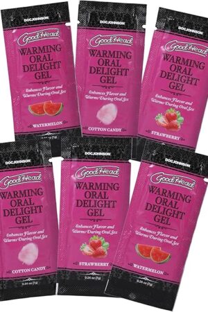 Doc Johnson GoodHead - Warming Head Oral Delight Gel - 6 X 0.24 oz. Packets - Strawberry, Cotton Candy, Watermelon