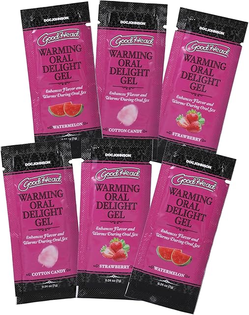 Doc Johnson GoodHead - Warming Head Oral Delight Gel - 6 X 024 oz Packets - Strawberry, Cotton Candy, Watermelon