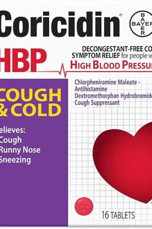 Coricidin HBP Decongestant-Free Cough and Cold Medicine - Specially Designed Relief for High Blood Pressure, Cough, Runny Nose, Sneezing and Cold Symptoms (16 Count)