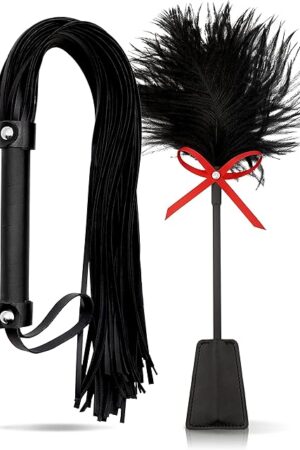 BDSM Flogger 18" and Feather Tickler for Adults Bedroom 15" Set, Faux Leather BDSM Whip and Sex Tickler for Foreplay
