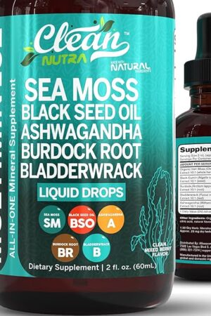 Clean Nutra Organic Sea Moss Drops Supplement | Black Seed Oil Irish Seamoss Ashwagandha Burdock Root & Bladderwrack - Multimineral Liquid Vegan for Gut Heath Energy Skin Immune Support & Hair