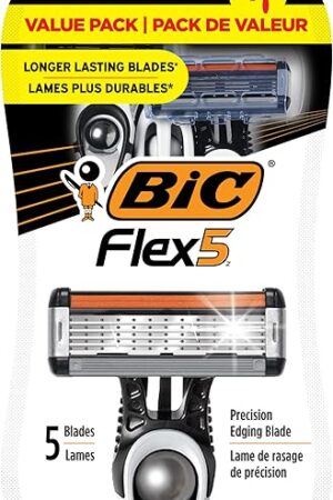 BIC Flex 5 Men's Disposable with 5 Blade Razors, Longer Lasting Flexible Blades and Precision Edging Blade, 4-Pack
