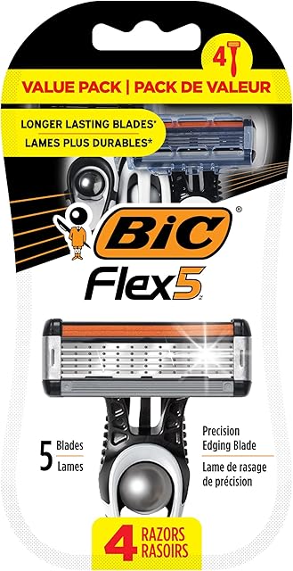 BIC Flex 5 Men's Disposable with 5 Blade Razors, Longer Lasting Flexible Blades and Precision Edging Blade, 4-Pack