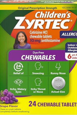 Zyrtec Children's Dye-Free Chewables for 24 Hour Allergy Relief, 10 mg Cetirizine Hydrochloride Antihistamine Tablets, Kids Allergy Medicine Relieves Sneezing & Itchy Throat, Grape, 24 ct