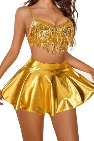 Women's Lingerie Sets Rave Outfits Sequin Bra Top Mini Skirt Sequin Boudoir Outfits Gold XXL