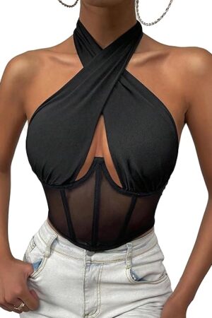 Women's Mesh Transparent Tops with Neck Tie Show Waist Strapless Tank Bustier Tight Corset Tops