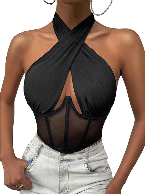 Women's Mesh Transparent Tops with Neck Tie Show Waist Strapless Tank Bustier Tight Corset Tops