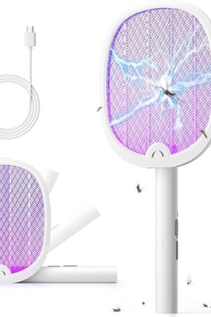 YISSVIC Electric Fly Swatter Foldable Bug Zapper Racket 2 in 1 Mosquito Killer with Purple Attractant Light Rechargeable 1800mAh for Indoor Home Backyard Patio Camping