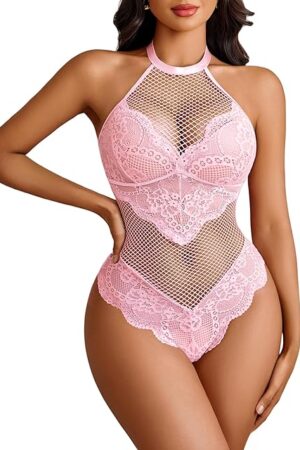 Lace Lingerie for Women Mesh One Piece Babydoll Bodysuit Halter Teddy Underwear