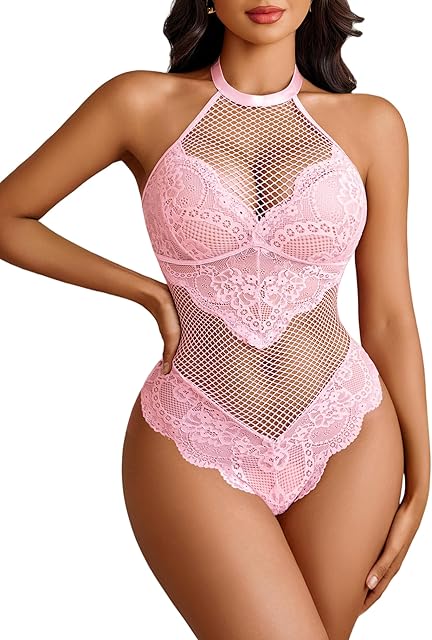 Lace Lingerie for Women Mesh One Piece Babydoll Bodysuit Halter Teddy Underwear