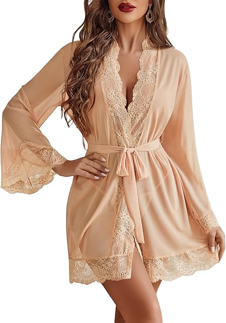 Women Lace Kimono Robe Babydoll Sexy Lingerie Mesh Chemise Nightgown Cover Up