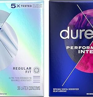 Durex Air Condoms Extra Thin, Transparent Natural Rubber Latex Condoms with Condoms, Ultra Fine, Ribbed, Dotted with Delay Lubricant, Durex Performax Intense Natural Rubber Latex Condoms