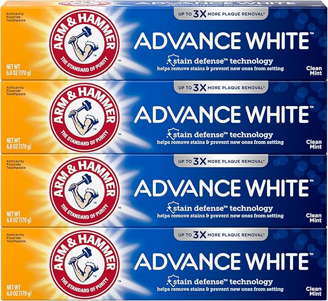 ARM & HAMMER Advance White Toothpaste, Teeth Whitening Baking Soda Toothpaste with Stain Defense Technology and Fluoride, Clean Mint Flavor, 60 Oz (4 Pack)