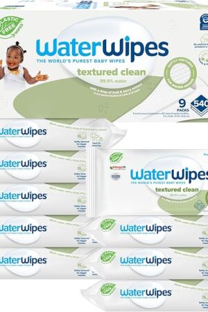 WaterWipes Textured Clean, Toddler & Baby Wipes, 999% Water, 3-In-1 Cleans, Cares, Protects, Unscented & Hypoallergenic, 540 Count (Pack of 9), Packaging May Vary