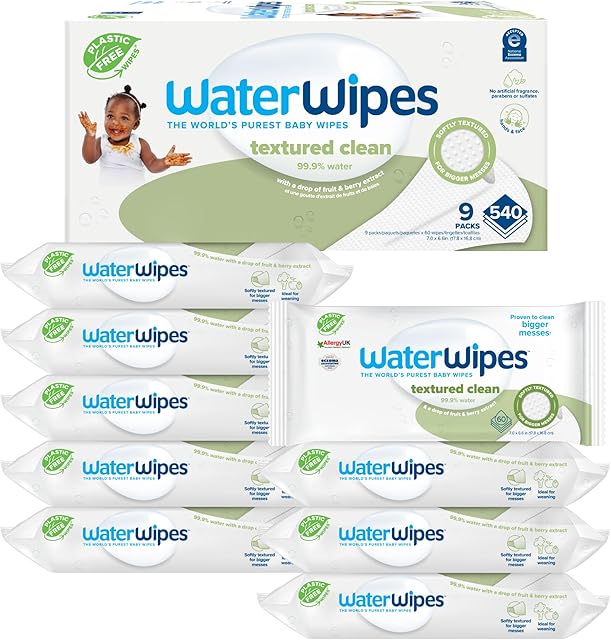 WaterWipes Textured Clean, Toddler & Baby Wipes, 999% Water, 3-In-1 Cleans, Cares, Protects, Unscented & Hypoallergenic, 540 Count (Pack of 9), Packaging May Vary