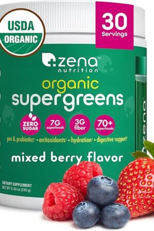 Zena Nutrition Organic Super Greens Powder, 70+ Superfoods, 0 Sugar, 3G Fiber, Spirulina, Chlorella, Antioxidants, Prebiotics/Probiotics, Digestive Enzymes, Mixed Berry, 30 Servings