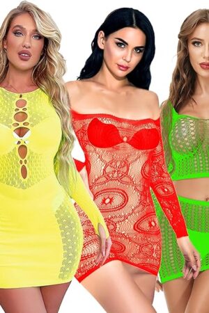 3pcs Women Sexy Mesh Fishnet Dress Camisole Babydoll Lingerie Nightgowns Chemise Nightwear Sleepwear Long Sleeved