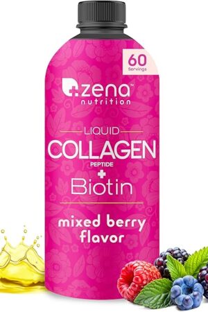 Zena Nutrition Liquid Collagen Peptides and Biotin, 2500mg Verisol Bioactive Collagen Peptides, 5000mcg Biotin, Hair, Skin, Nail Supplement for Women and Men, Mixed Berry, 60 Servings, 203 fl oz