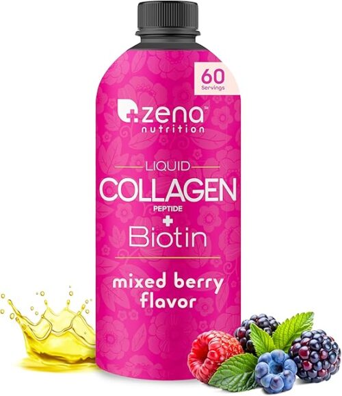 Zena Nutrition Liquid Collagen Peptides and Biotin, 2500mg Verisol Bioactive Collagen Peptides, 5000mcg Biotin, Hair, Skin, Nail Supplement for Women and Men, Mixed Berry, 60 Servings, 203 fl oz