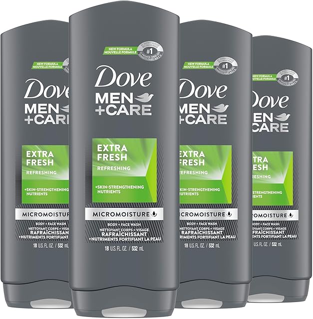 Dove Men+Care Body Wash Extra Fresh 4 Count for Men's Skin Care Body Wash Effectively Washes Away Bacteria While Nourishing Your Skin 18 oz