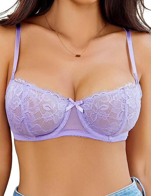 Women's Sexy Lace Bra Sheer Balconette Underwire Unlined Everyday Bras Lingerie Lilac