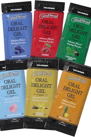 Doc Johnson GoodHead - Oral Delight Gel - 6 X 0.24 oz. Packets - Blue Raspberry, Cherry, Chocolate Mint, Cotton Candy, French Vanilla, Pineapple