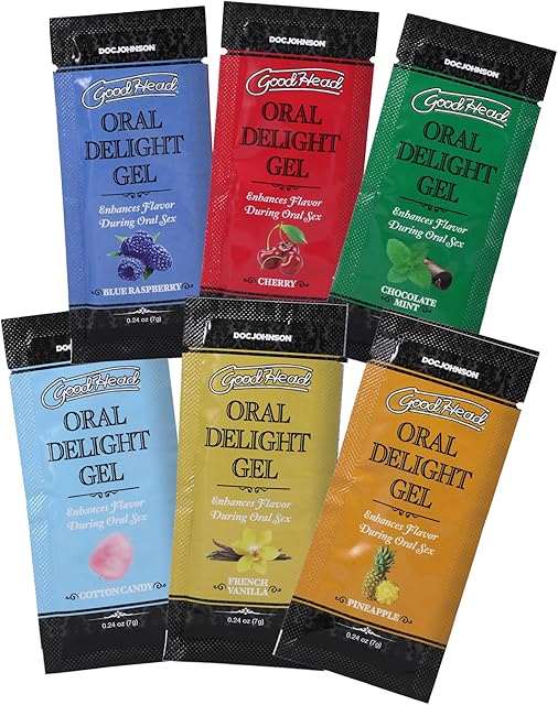 Doc Johnson GoodHead - Oral Delight Gel - 6 X 0.24 oz. Packets - Blue Raspberry, Cherry, Chocolate Mint, Cotton Candy, French Vanilla, Pineapple