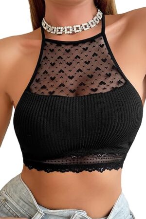 Womens Bralettes Sexy Black Top Lace Bra Lingerie Y2K HalterneckSpaghetti Strap Cami