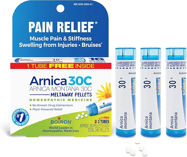 Boiron Arnica Montana 30C Homeopathic Medicine for Relief from Muscle Pain, Muscle Stiffness, Swelling from Injury, and Discoloration from Bruises - 3 Count (240 Pellets)