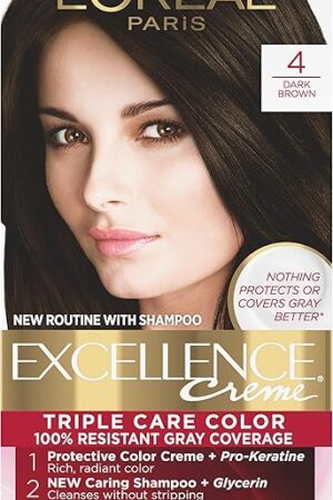 L'Oreal Paris Excellence Creme Permanent Hair Color, 4 Dark Brown, 100 percent Gray Coverage Hair Dye, Pack of 1