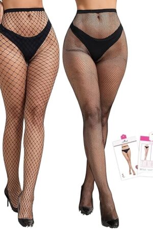 2 Pairs Womens High Waist Fishnet Stockings Sexy Mesh Tights High Pantyhose Plus Size Hollow Out Fish Nets