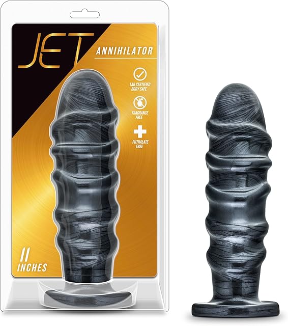 Blush Jet Annihilator 11" Huge Butt Plug, 3" Wide Ribbed Anal Trainer with Suction Cup Base, Thick, Massive Backdoor Dildo Adult Sex Toy for Men, Women & Couples - (Metallic Black)