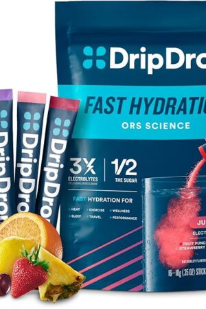 DripDrop Hydration Packets - Juicy Variety Pack - Single Serve Electrolytes Powder Drink Mix - Grape, Fruit Punch, Strawberry Lemonade, Cherry - Non-GMO, Gluten Free, Vegan - 16 Sticks