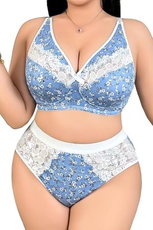 Women's Plus Size 2 Piece Lingerie Set Floral Sexy Lace Sheer V Neck Stretchy Bra and Babydoll Outfits Panty Sets