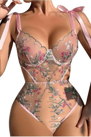 Women's Floral Embroidery Mesh Sheer Lingerie Tie Shoulder Babydoll Teddy Bodysuit
