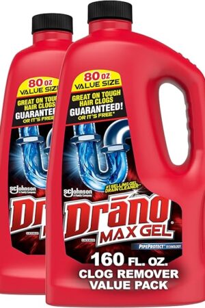 Drano Max Gel Drain Clog Remover and Cleaner for Shower or Sink Drains, Unclogs and Removes Hair, Soap Scum and Blockages, 80 Oz, Pack of 2