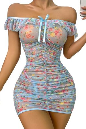 Women's Floral Print Ruched Mesh Babydoll Lingerie Sleepwear Chemise with Thong
