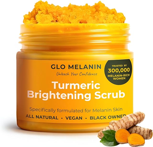 GLO Melanin Turmeric Scrub for Dark Spots, Brightening Inner Thighs Bikini Area Underarms, Natural Exfoliating Face