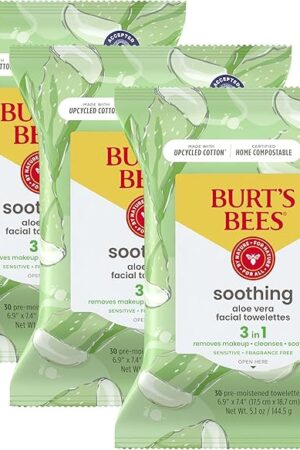 Burt's Bees Aloe Vera Face Wipes, Travel Essentials, for Sensitive Skin, Soothing Makeup Remover & Facial Cleansing Towelettes, 30 Ct (3-Pack)