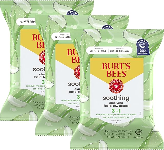 Burt's Bees Aloe Vera Face Wipes, Travel Essentials, for Sensitive Skin, Soothing Makeup Remover & Facial Cleansing Towelettes, 30 Ct (3-Pack)