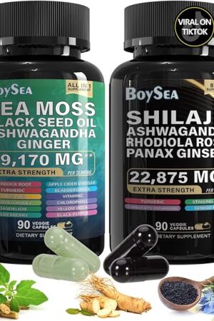 BoyseaShilajit and Sea Moss Bundle- 90 Count - Sea Moss 7000mg, Black Seed Oil 4000mg, Ashwagandha 2000mg, Ginger & Shilajit 9000mg, Rhodiola Rosea 1000mg, All in 1 Supplements (1 Pack)