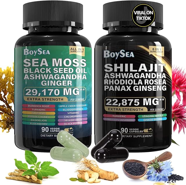 BoyseaShilajit and Sea Moss Bundle- 90 Count - Sea Moss 7000mg, Black Seed Oil 4000mg, Ashwagandha 2000mg, Ginger & Shilajit 9000mg, Rhodiola Rosea 1000mg, All in 1 Supplements (1 Pack)