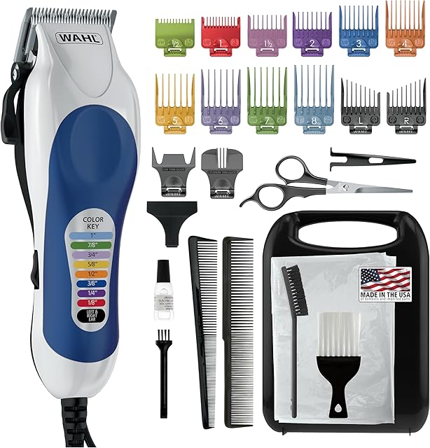 Wahl Clipper USA Color Pro Complete Haircutting Kit with Easy Color Coded Guide Combs - Corded Clipper for Hair Clipping & Grooming Men, Women, & Children - Model 79300-1001M