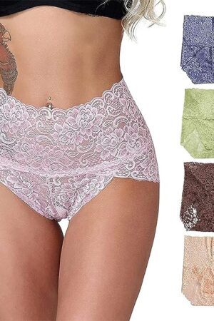 Women's Briefs Sexy Lace Panties High-Rise Tummy Control Underwear Floral Lace Hipster Panties